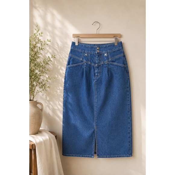 Vintage Dresses & Skirts - Vintage Denim Midi Skirt Size 16 Blue Jean 90s Y2K CottageCore Minimalist